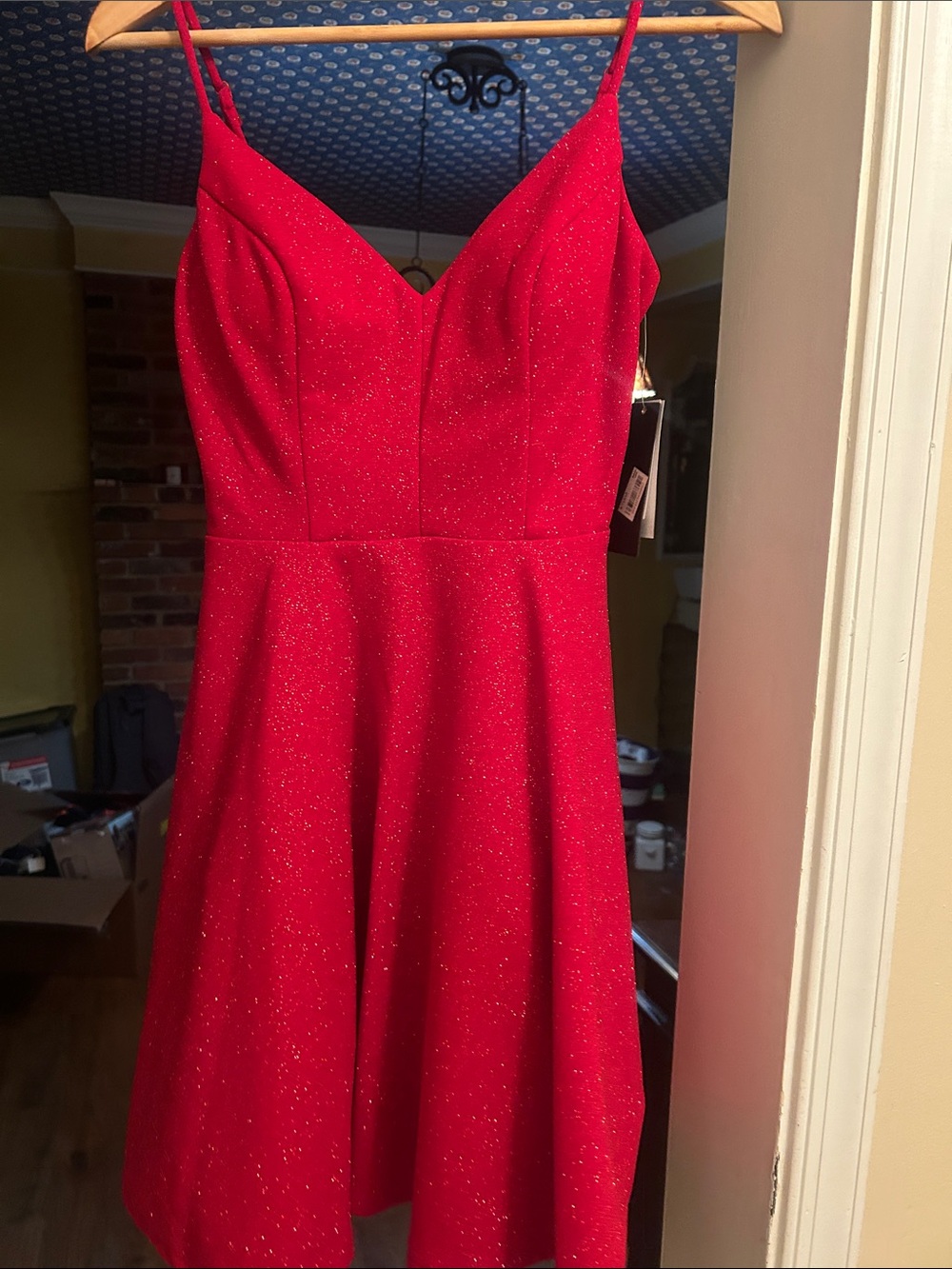 Red Glitter Fit-and-Flare Dress with Spaghetti Straps